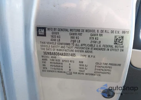 2010 Chevrolet Hhr Lt from USA, damaged, VIN 3GNBABDB4AS651405